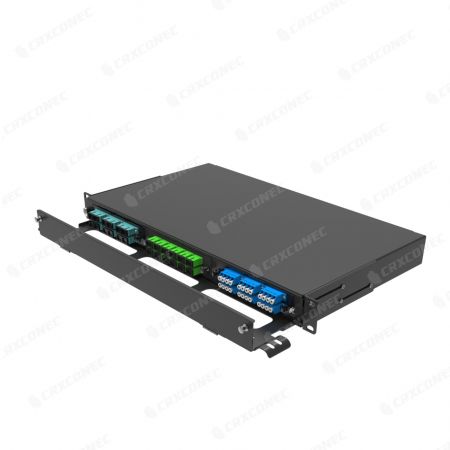 Painel de gaveta de fibra para montagem em rack LGX multifuncional com barra de suporte para porta frontal - Gabinete de gaveta de fibra para montagem em rack LGX com 3 compartimentos e barra de suporte para porta frontal - 1